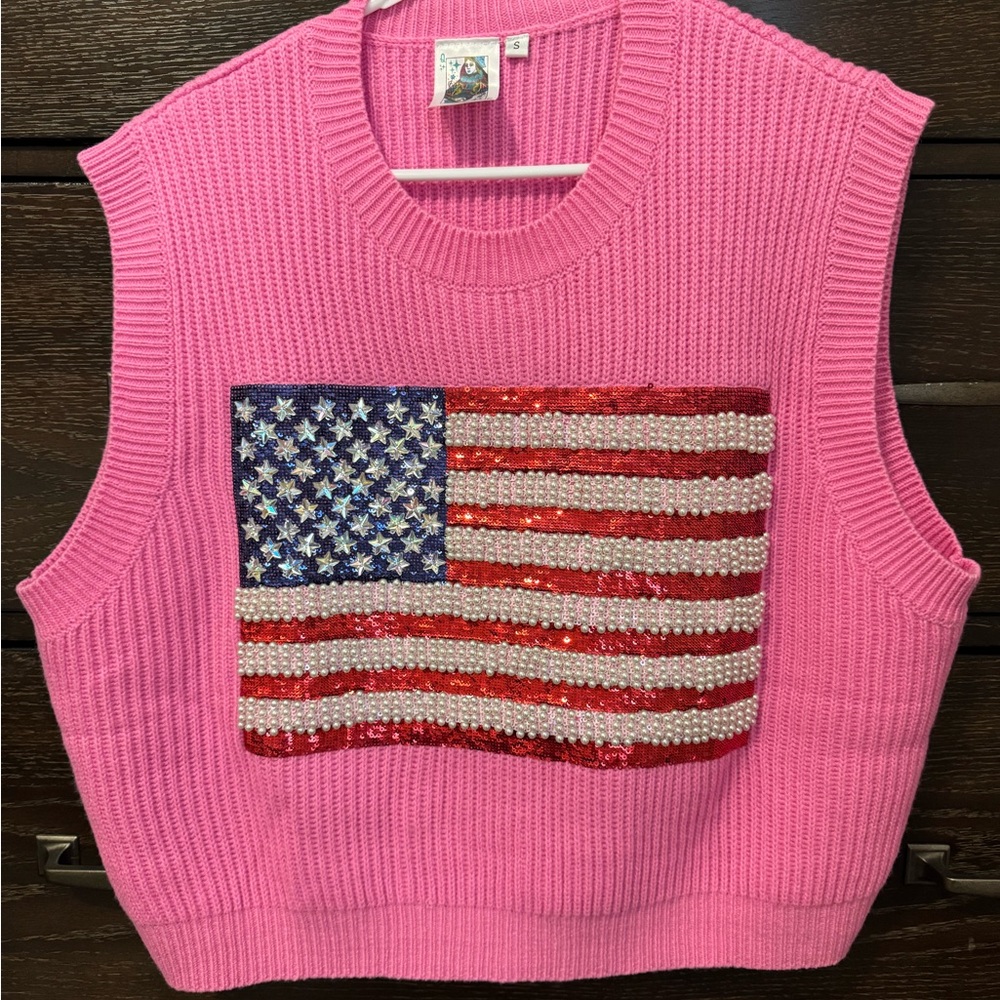 QUEEN OF SPARKLES Pink Sequin American Flag Knit Tank